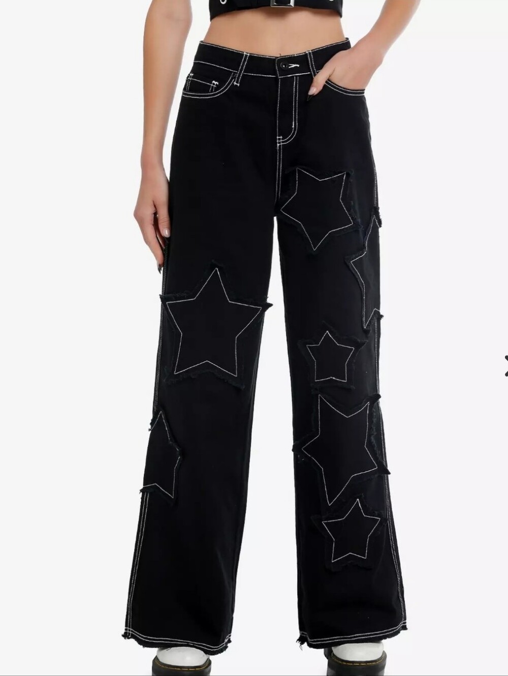 Hot Topic Black Frayed Star Patch Wide Leg Pants Size 5 (28x30)